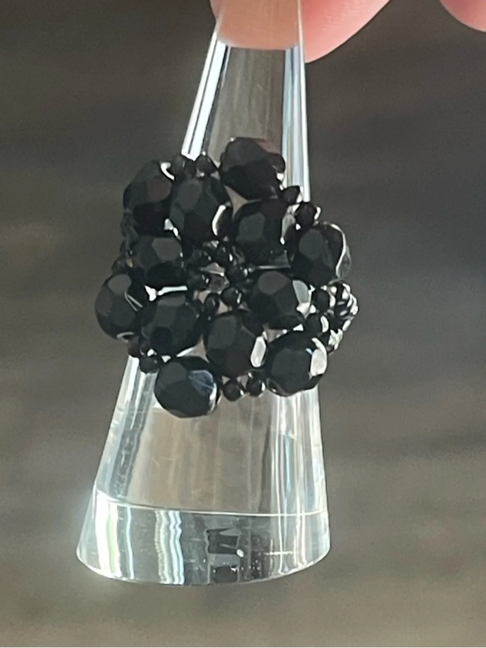 Black Beaded Bracelet Set with Silver Accents and Beaded Stretch Ring